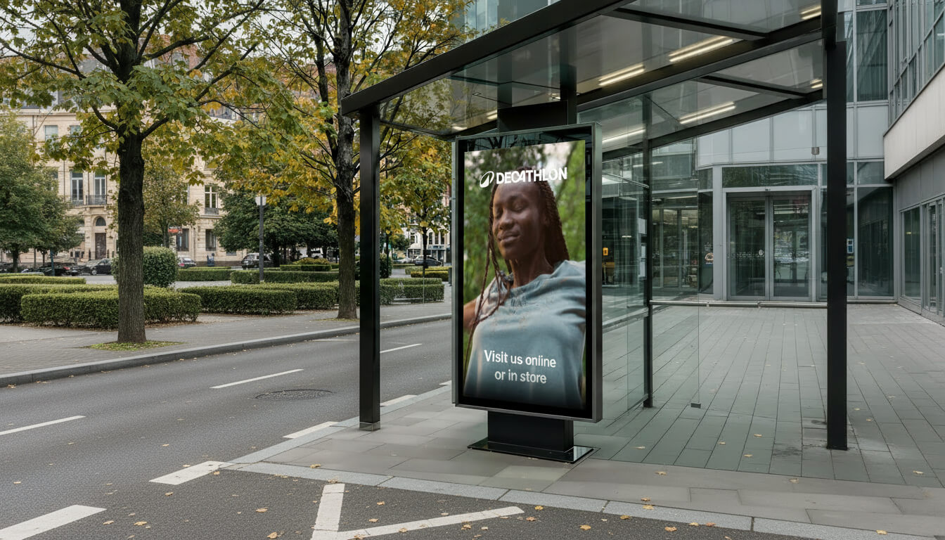 Decathlon digital out-of-home ad displayed at a modern bus shelter, promoting online and in-store shopping.