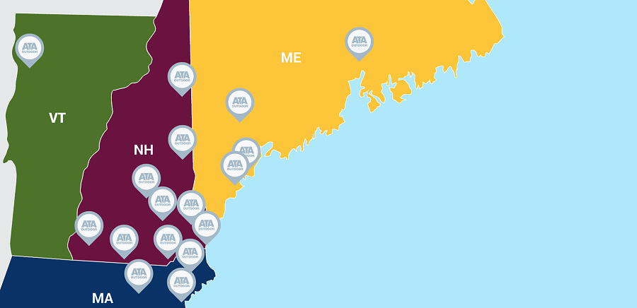 A map of ATA's territory. It shows locations of networks that work with ATA in Maine, New Hampshire, Vermont, and Massachusetts