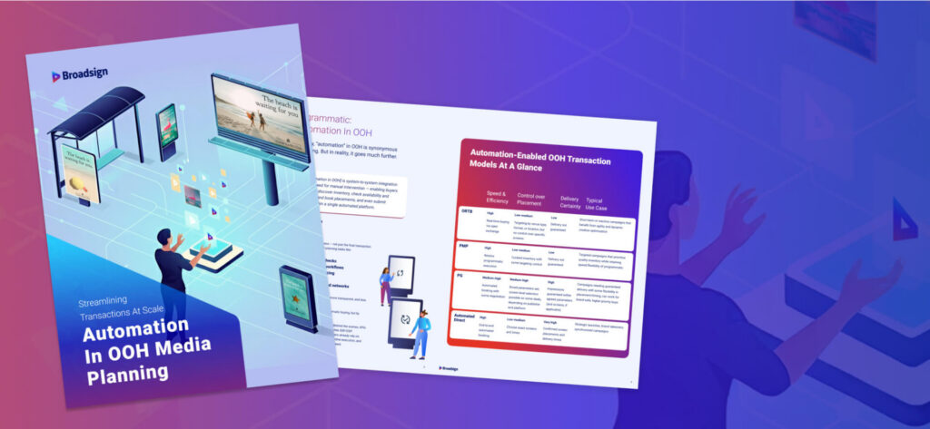 Broadsign guide on streamlining automation in OOH media planning, featuring a report cover and automation-enabled OOH transaction models.