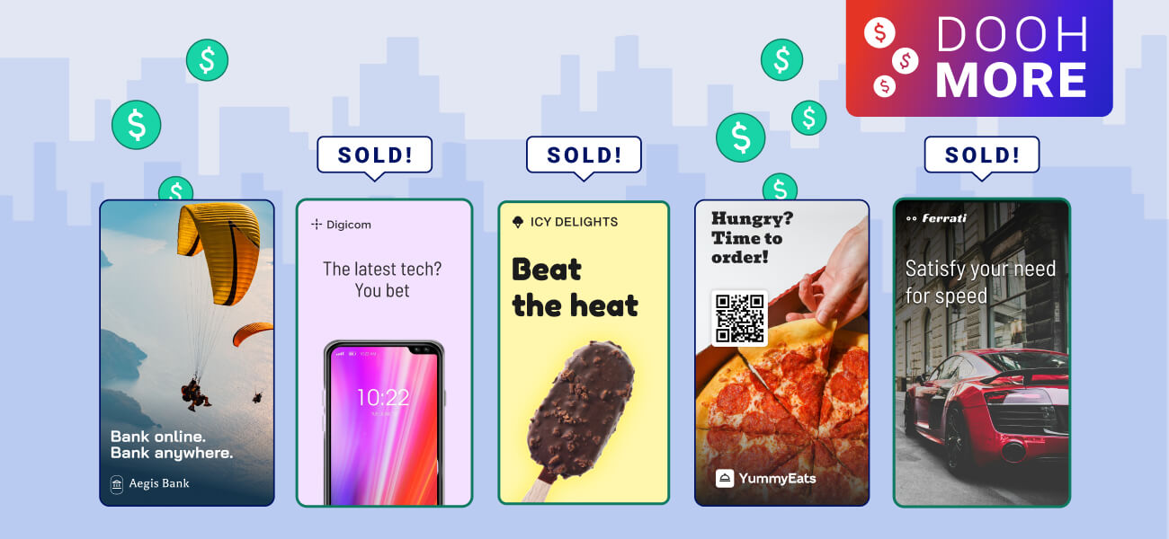 DOOH MORE graphic showing five digital out-of-home ads, with sold placements and revenue icons illustrating DOOH monetization.