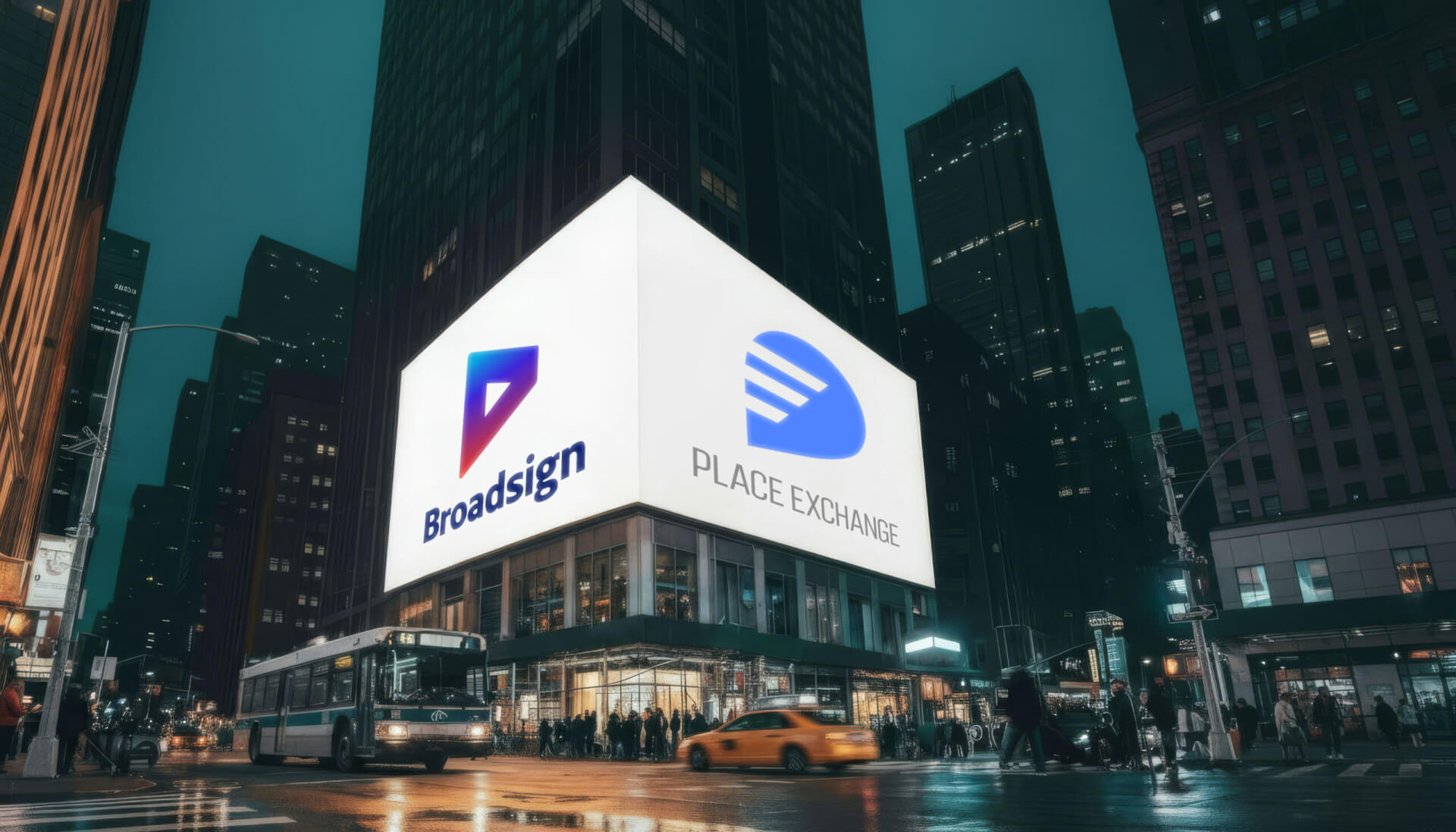 Broadsign and Place Exchange logos displayed on a large digital billboard at a busy city intersection at night.