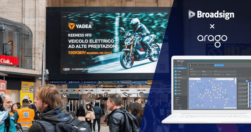 Broadsign and Arago partnership graphic featuring a large digital billboard and an OOH campaign management platform displayed on a laptop.
