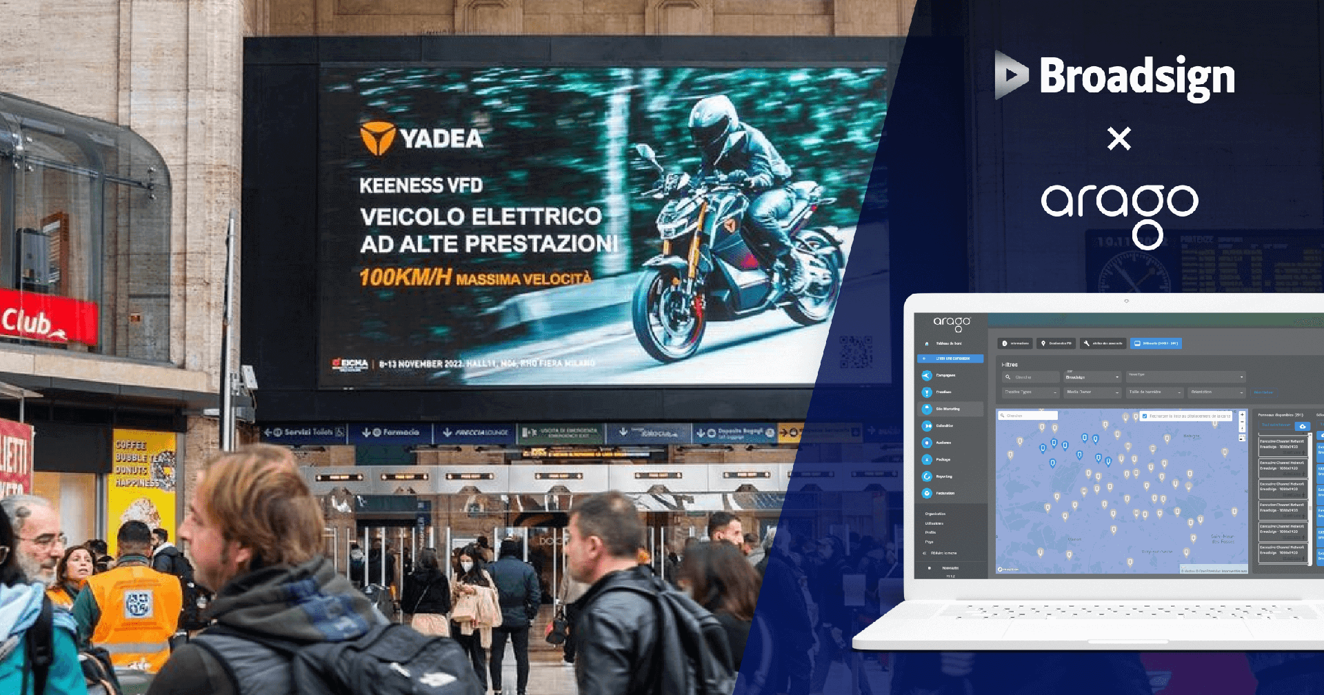 Broadsign and Arago partnership graphic featuring a large digital billboard and an OOH campaign management platform displayed on a laptop.