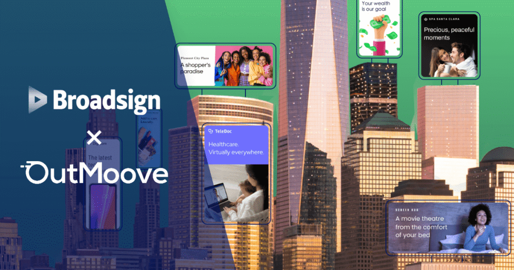 Broadsign and OutMoove partnership graphic featuring digital ads displayed across a city skyline.