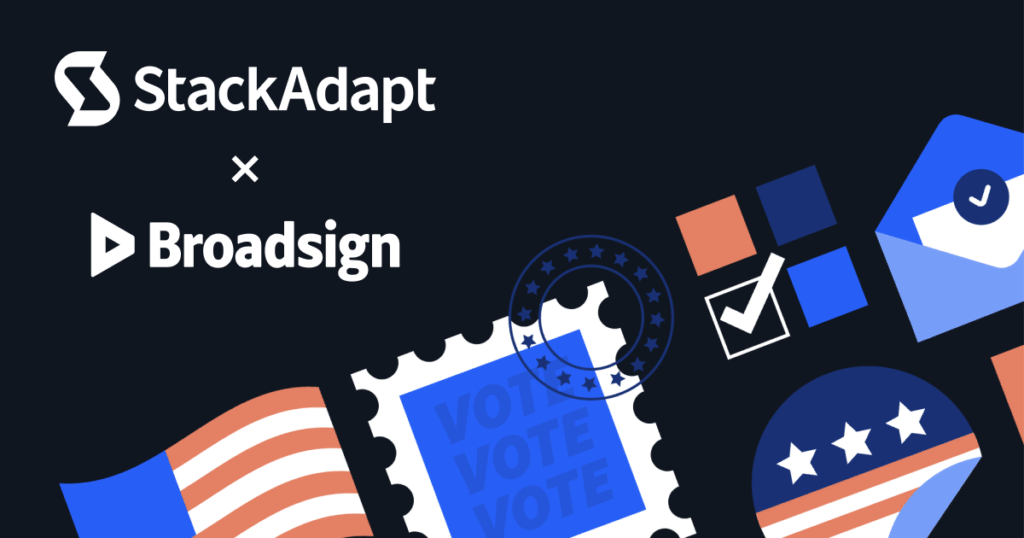 StackAdapt and Broadsign partnership graphic featuring illustrated U.S. voting and election-themed icons.