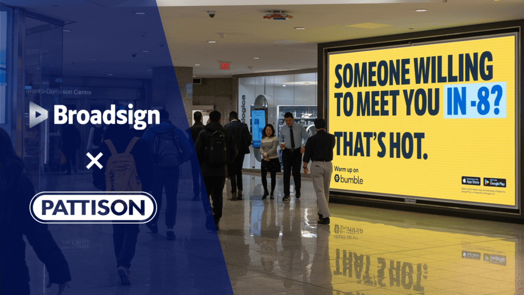 Broadsign and PATTISON partnership graphic featuring a large Bumble digital billboard in a busy indoor transit concourse.