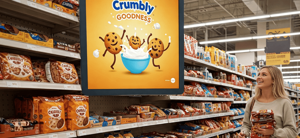 Shopper in a grocery store aisle looks at a digital advertising screen featuring a colorful cookie promotion beside shelves of packaged snacks.