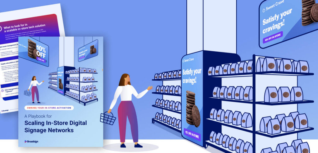 Broadsign guide to scaling in-store digital signage networks, illustrated with retail shelves, shoppers, and digital displays.
