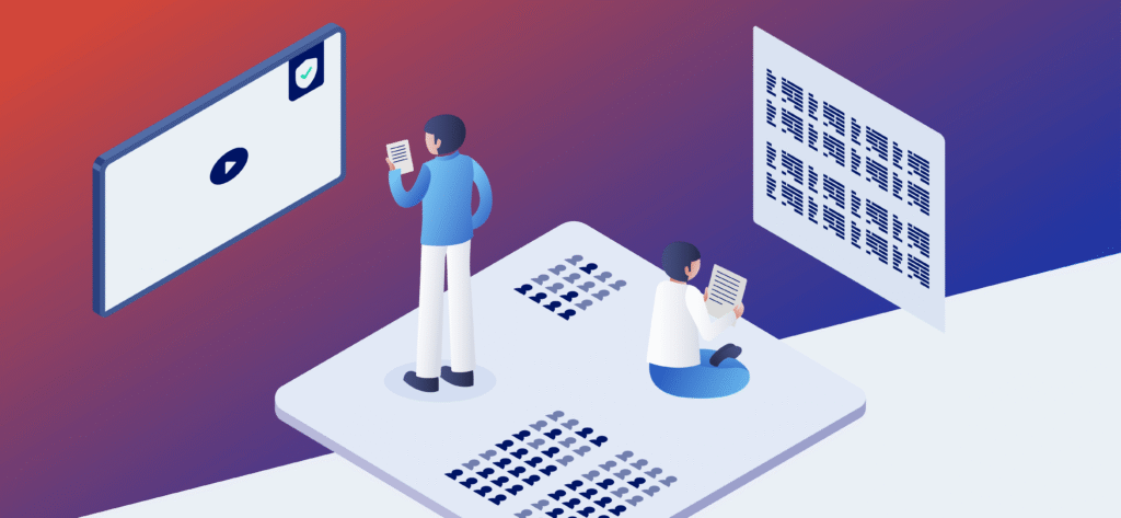 Illustration of two people reviewing audience data and analytics across large digital screens.