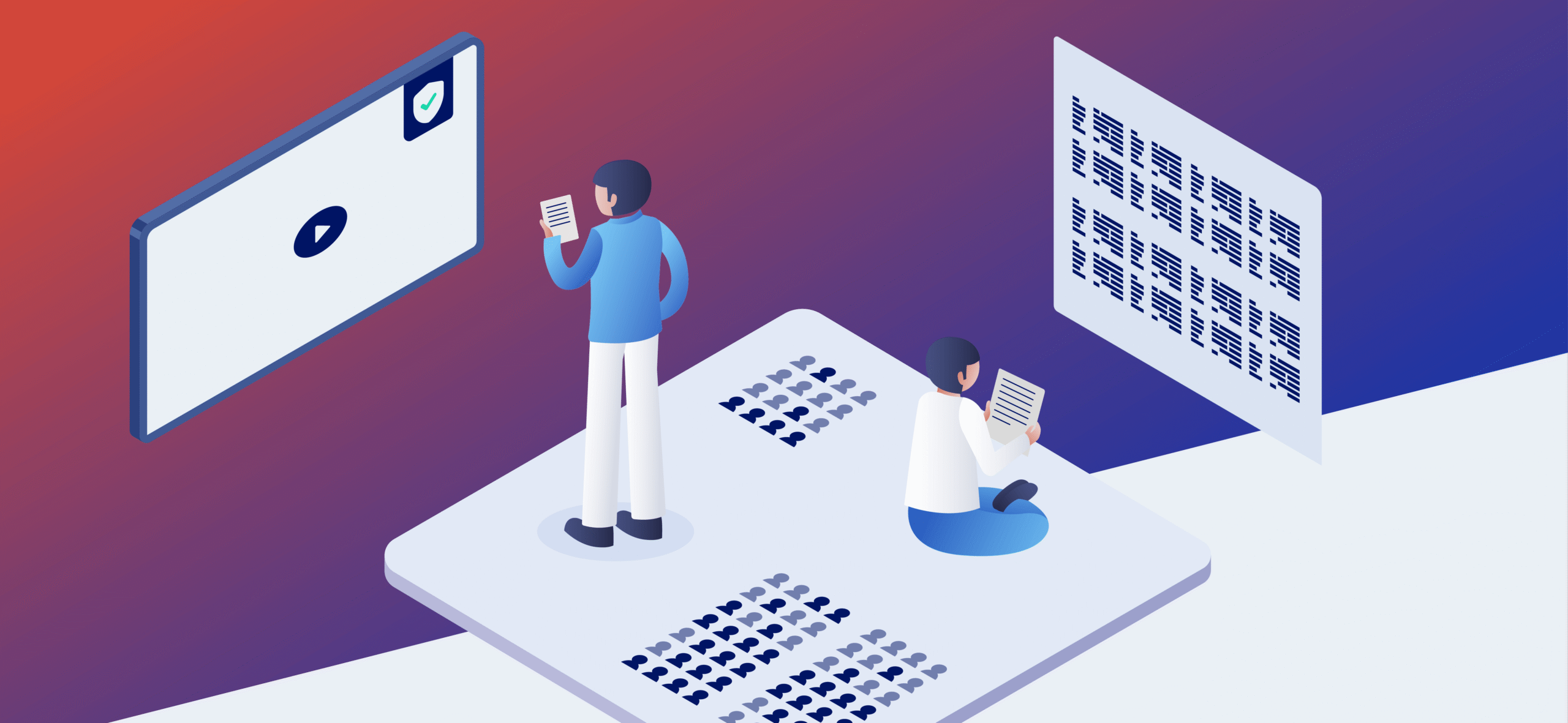 Illustration of two people reviewing audience data and analytics across large digital screens.