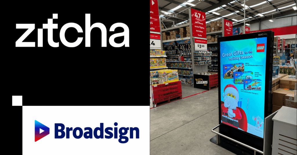 Zitcha and Broadsign logos alongside a digital LEGO holiday advertisement displayed inside a retail store.