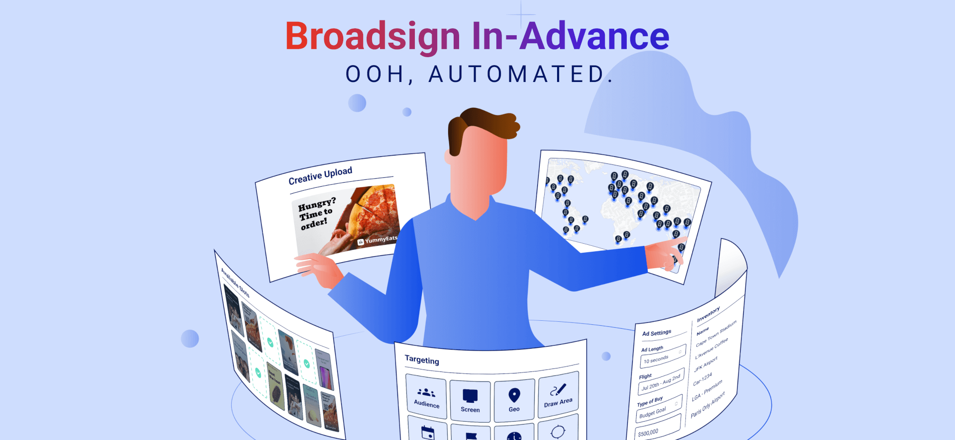 Broadsign In-Advance illustration showing automated OOH campaign planning, creative uploads, targeting, and audience mapping.