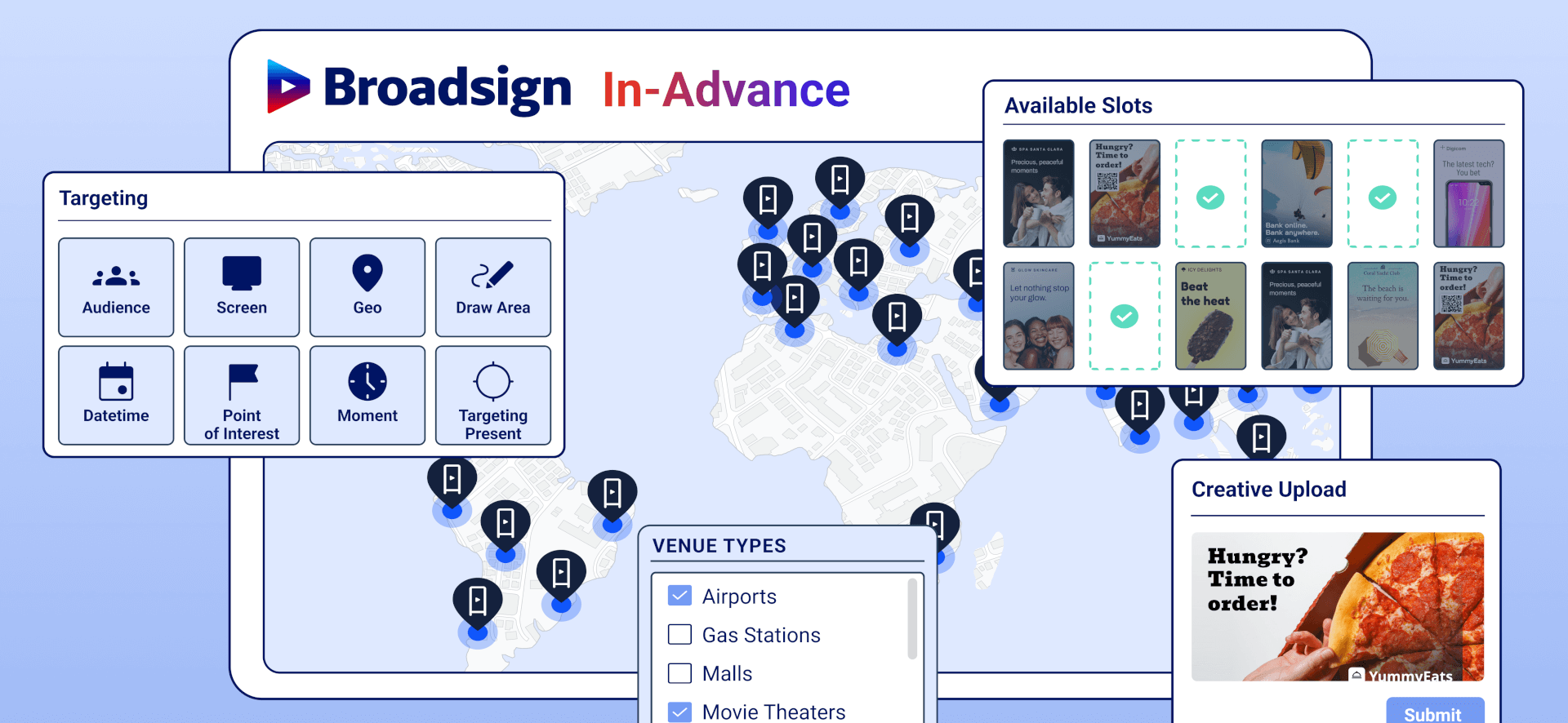 Broadsign In-Advance platform showing OOH campaign targeting, screen locations, available ad slots, venue types, and creative upload tools.