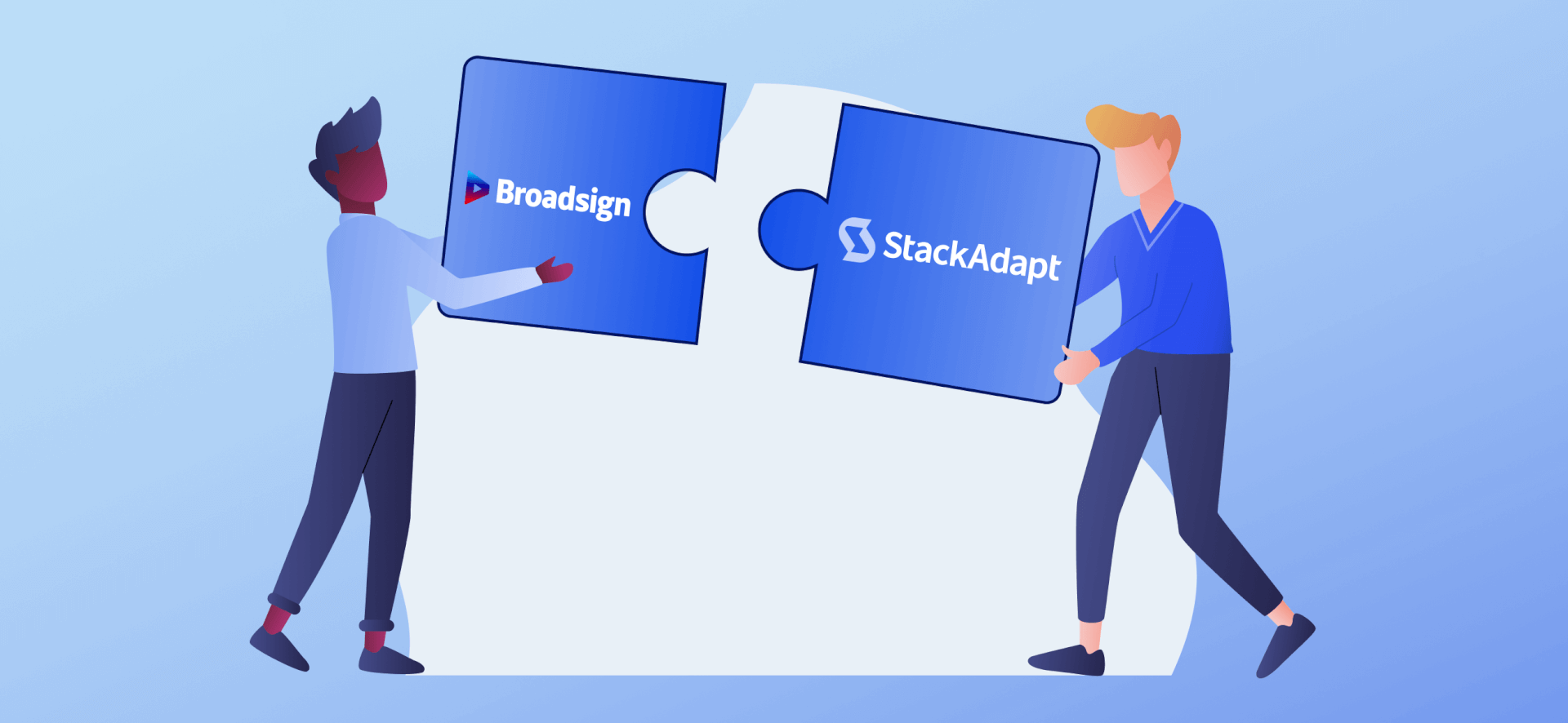 Illustration of two people connecting puzzle pieces featuring the Broadsign and StackAdapt logos.