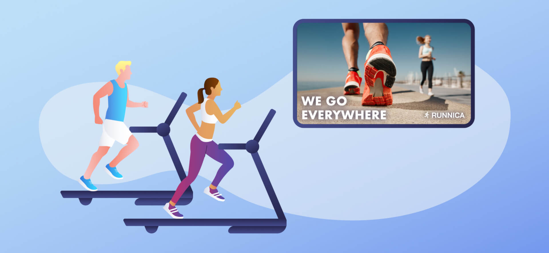 Illustration of people running on treadmills beside a digital screen featuring a running advertisement.