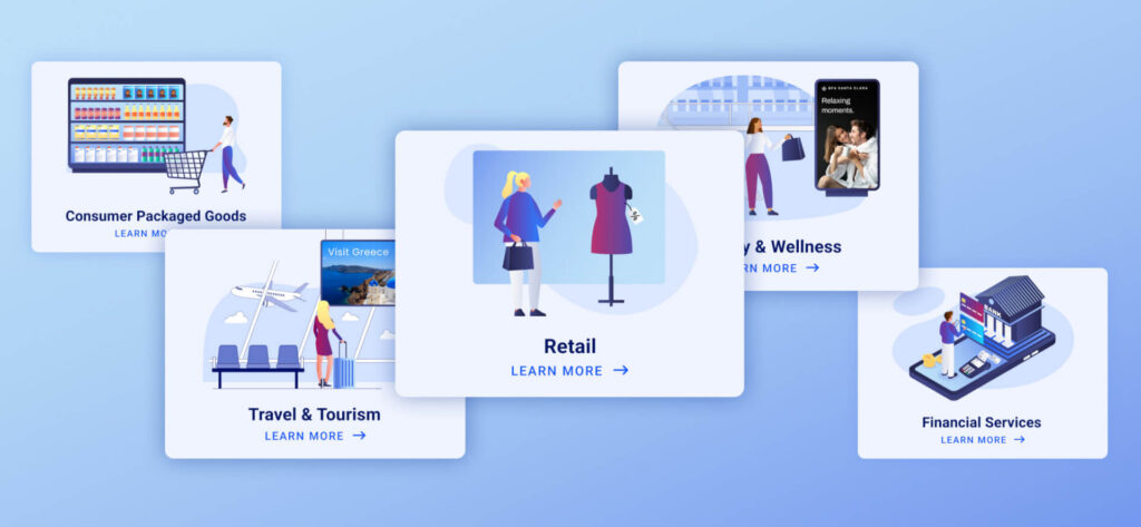 Illustrated industry cards highlighting retail, consumer packaged goods, travel and tourism, beauty and wellness, and financial services.