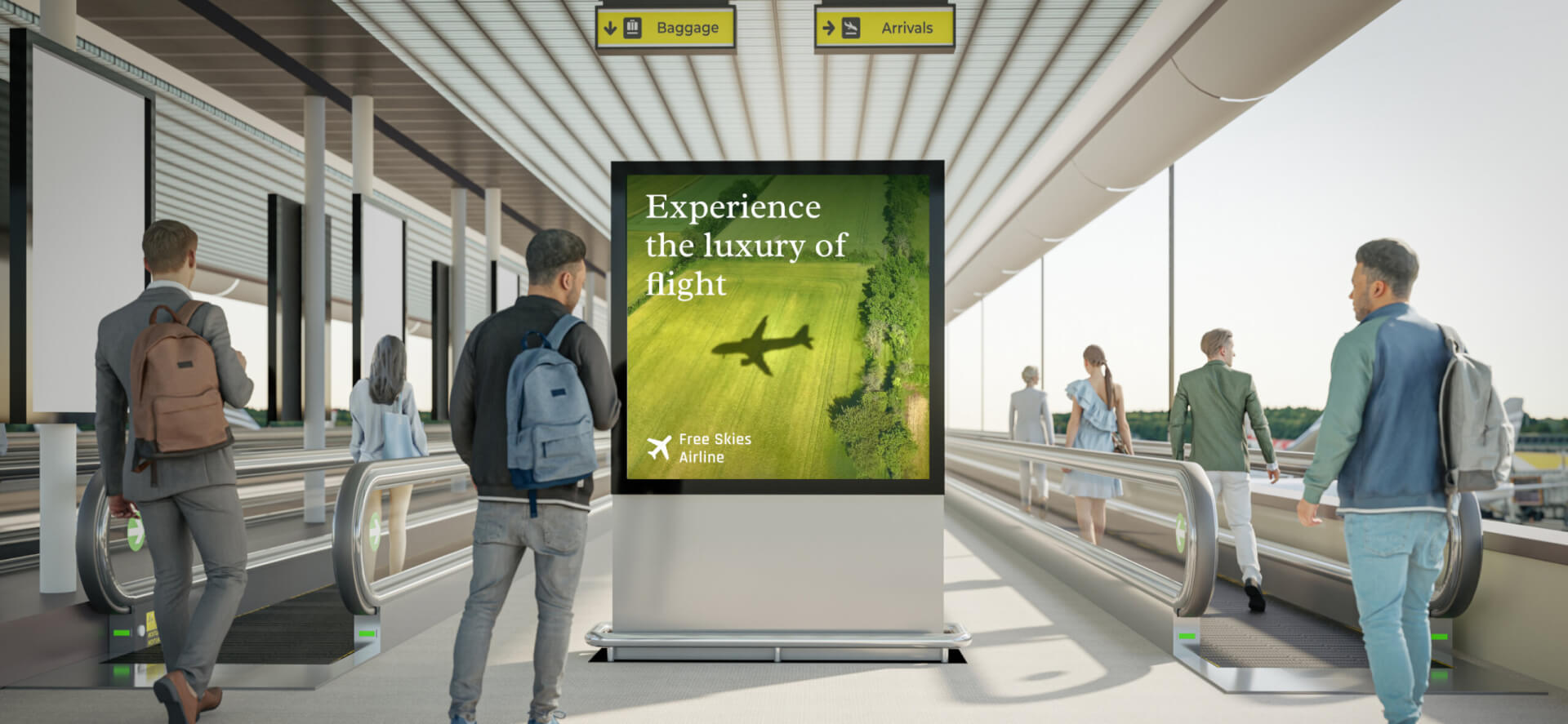 Digital airport advertising screen between moving walkways displays a luxury flight ad as travelers walk through a bright airport terminal.