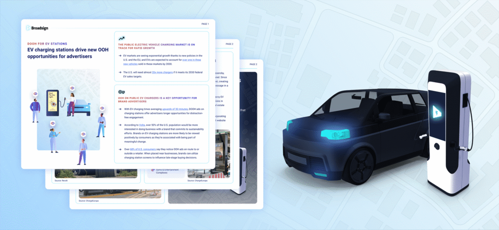 Broadsign EV charging report pages alongside an electric vehicle and charging station.
