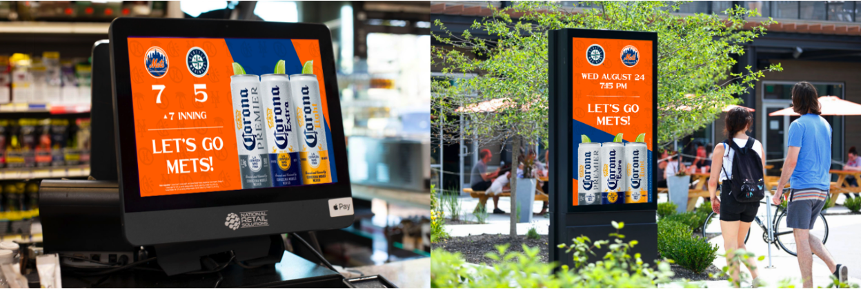 Corona Extra campaign shown across in-store retail media and digital out-of-home displays with dynamic, sports-triggered creative.