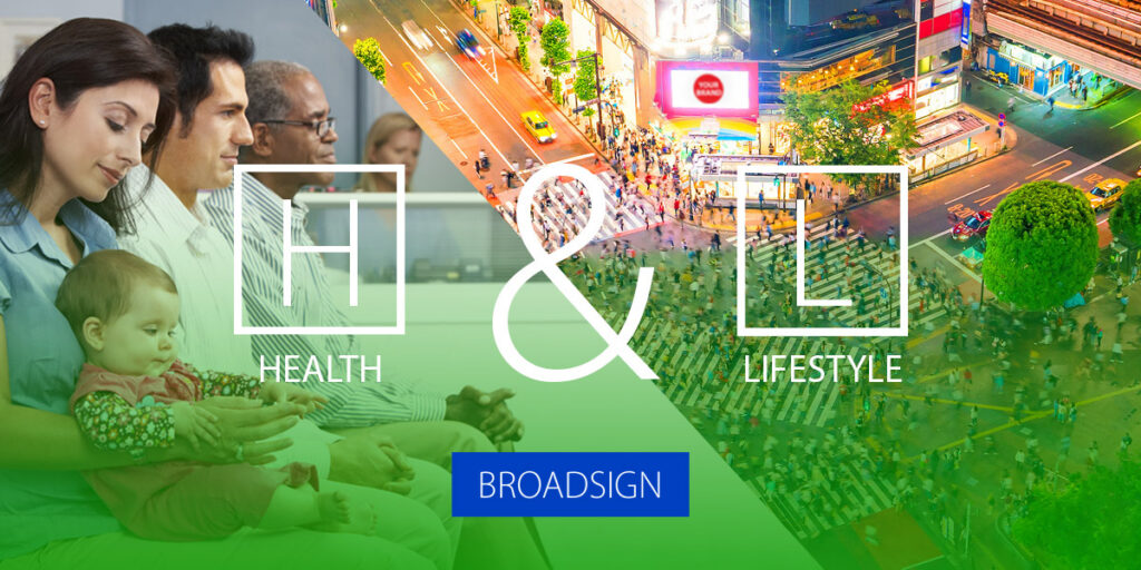 Broadsign Health & Lifestyle graphic featuring people, retail imagery, and green nature elements.
