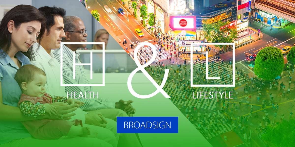 Broadsign Health & Lifestyle graphic featuring people, retail imagery, and green nature elements.