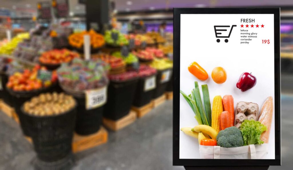 Digital grocery ad featuring fresh produce and everyday food items displayed beside a supermarket produce section.