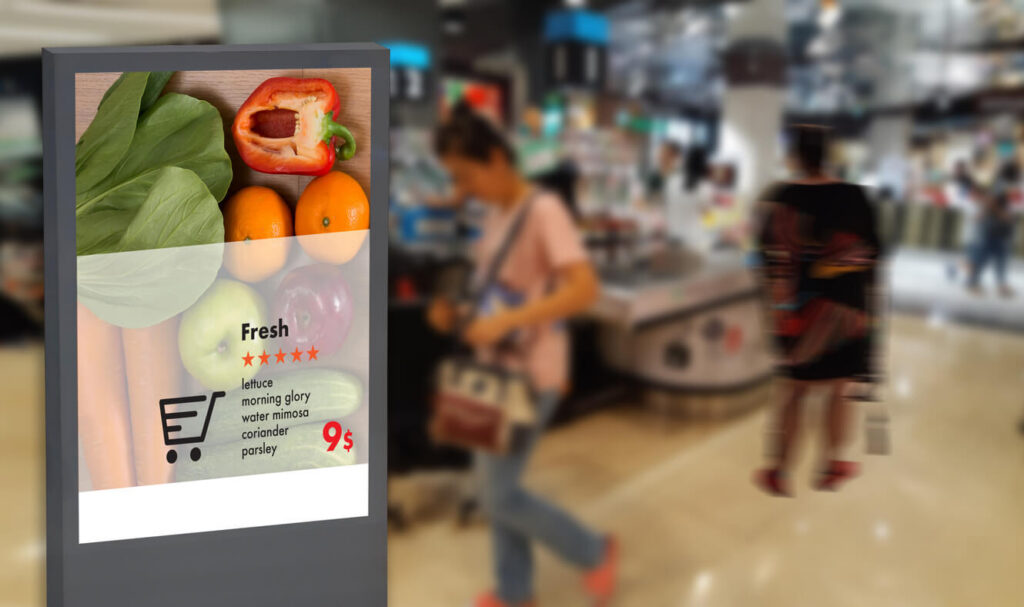 Digital grocery ad featuring fresh produce and everyday food items displayed beside a supermarket produce section.