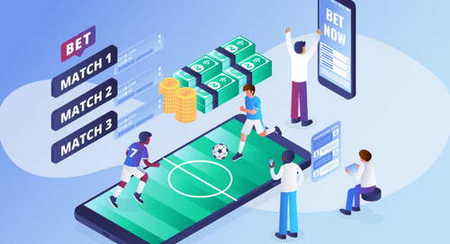 Illustration of sports betting on a smartphone, with a soccer field, money, and “Bet” and “Match” graphics.
