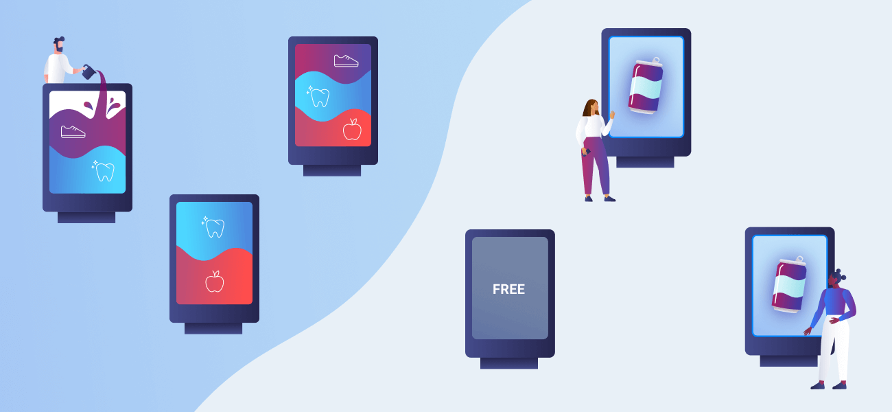 Illustration comparing digital OOH screen management, with multiple creatives on the left and available ad inventory on the right.