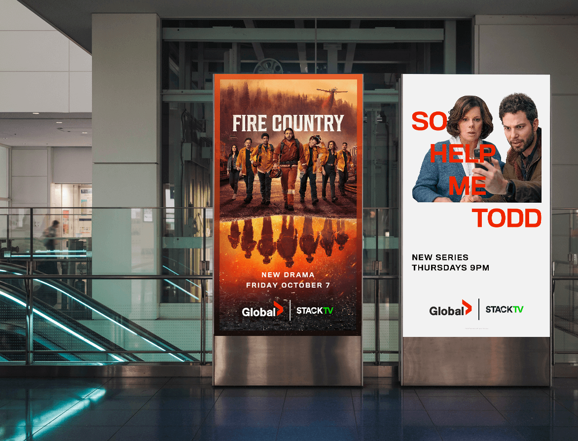 Global and STACKTV digital out-of-home ads promoting Fire Country and So Help Me Todd displayed in a transit station.