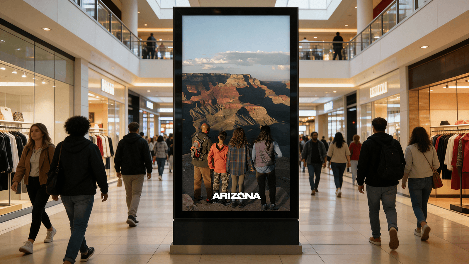 Digital billboard featuring an Arizona Grand Canyon travel ad displayed in a busy shopping mall.